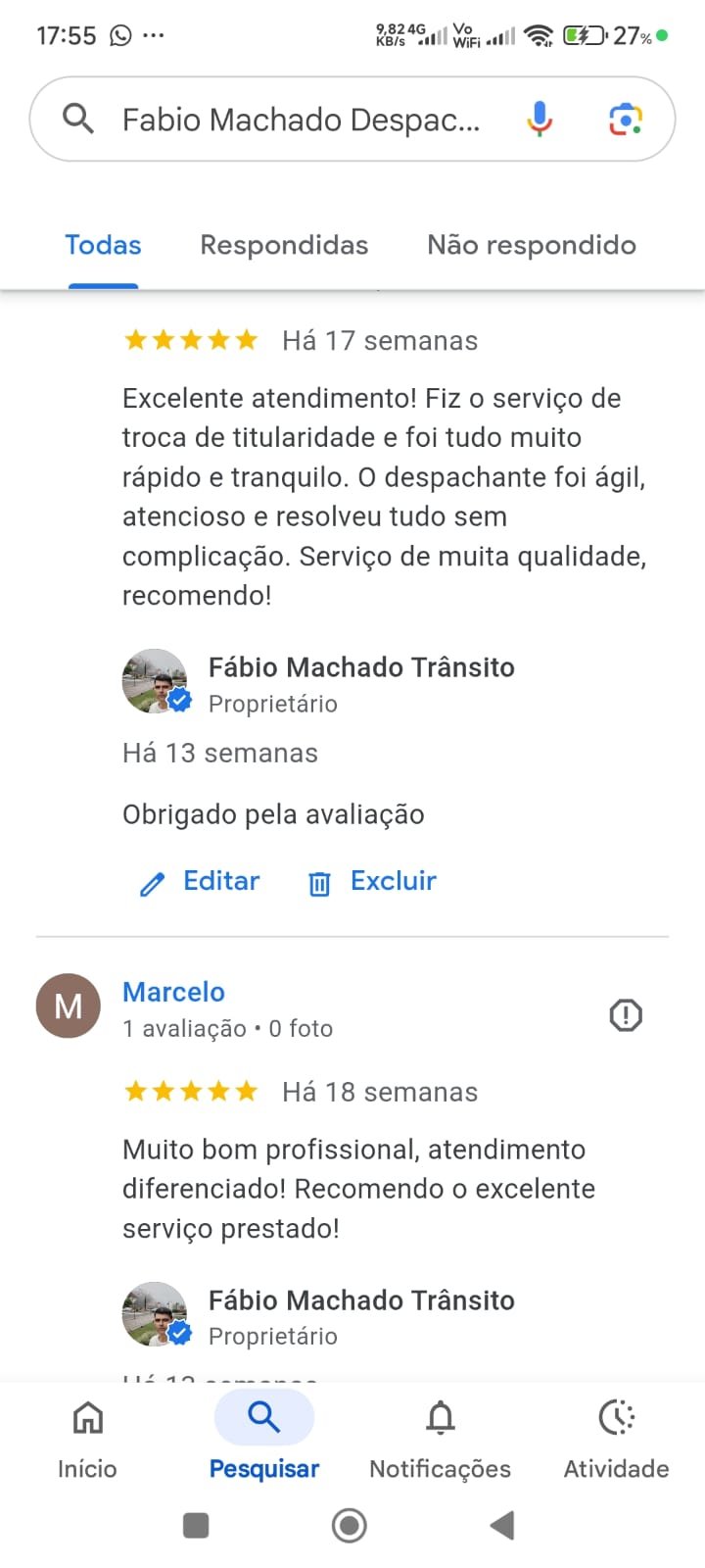 avaliação do google meu negocio fabio machado trânsito (5.0 - 159 avaliações.