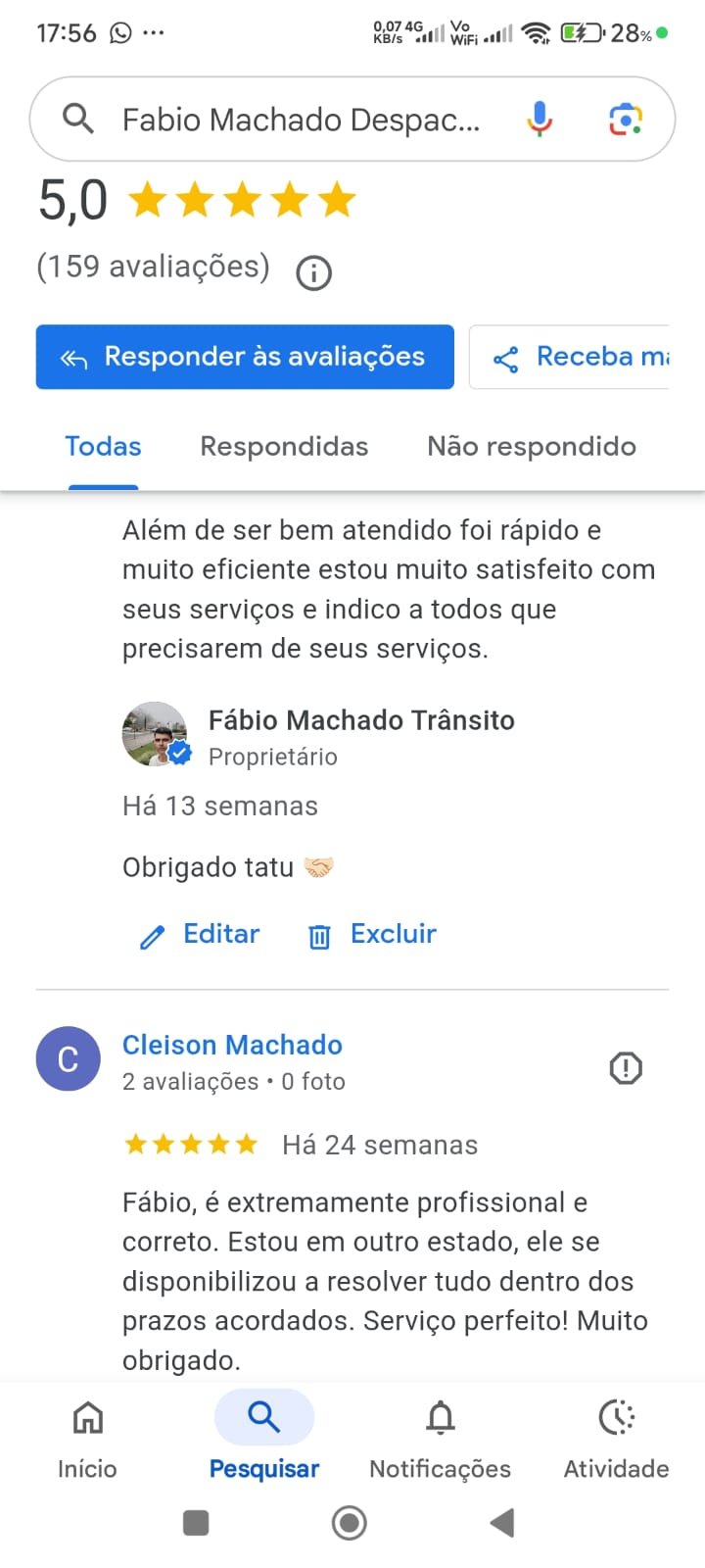 avaliação do google meu negocio fabio machado trânsito (5.0 - 159 avaliações.